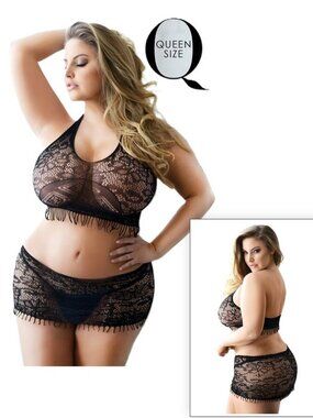 Fishnet Eyelash Top Mini Skirt Set Queen Plus Size Lingerie Clubwear Killer Legs